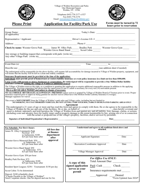 First page of the Application for Facility/Park Use