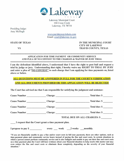 First page of the Application For Time Payment Or Community Service And Plea Of No Contest
