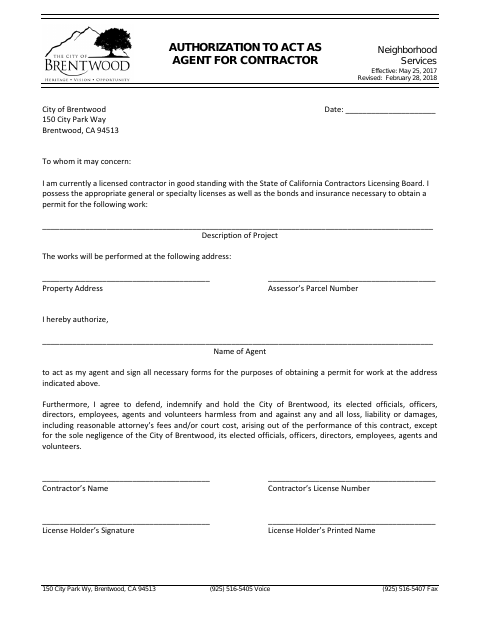 First page of the Authorization to Act as Agent for Contractor