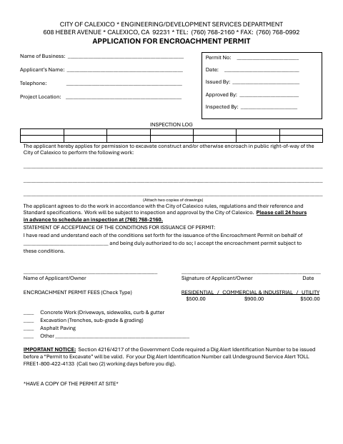 First page of the Encroachment Permit Application