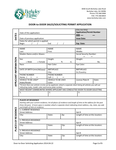First page of the Door-to-Door Sales and Soliciting Permit Application