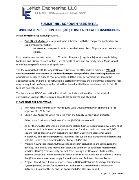 First page of the Residential Uniform Construction Code Permit Application