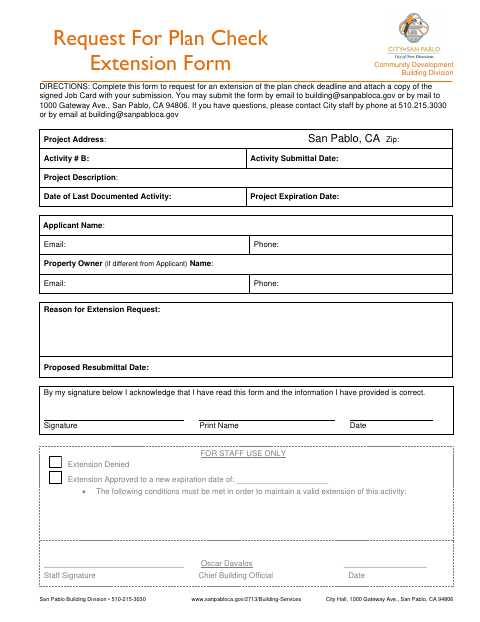 First page of the Request for Plan Check Extension Form