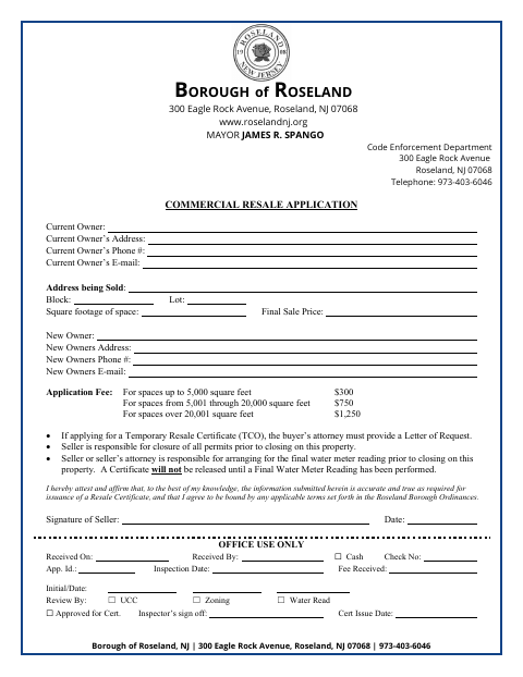 First page of the Commercial Resale Application