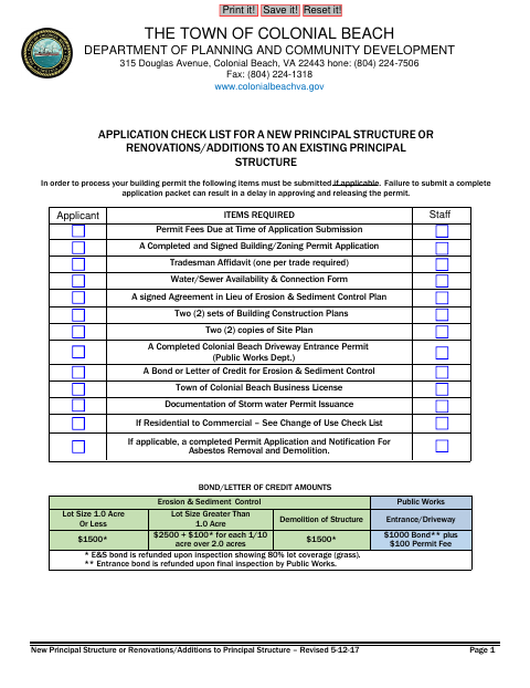 First page of the Principal Structure or Renovation/Addition Permit Application
