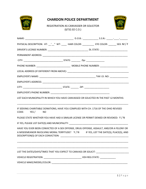 First page of the Registration as Canvasser or Solicitor