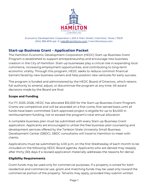 First page of the Start-up Business Grant Application Packet
