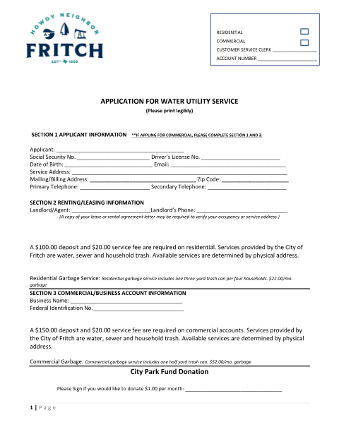 First page of the Application for Water Utility Service