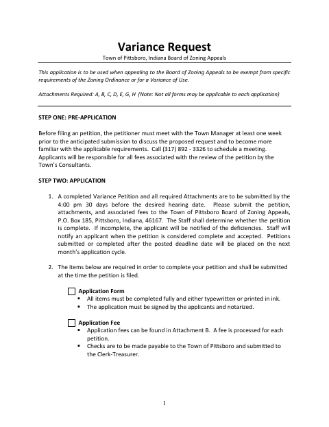 First page of the Development Standards Variance Application