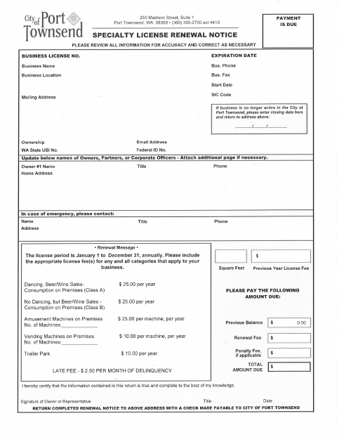First page of the Specialty License Renewal Notice
