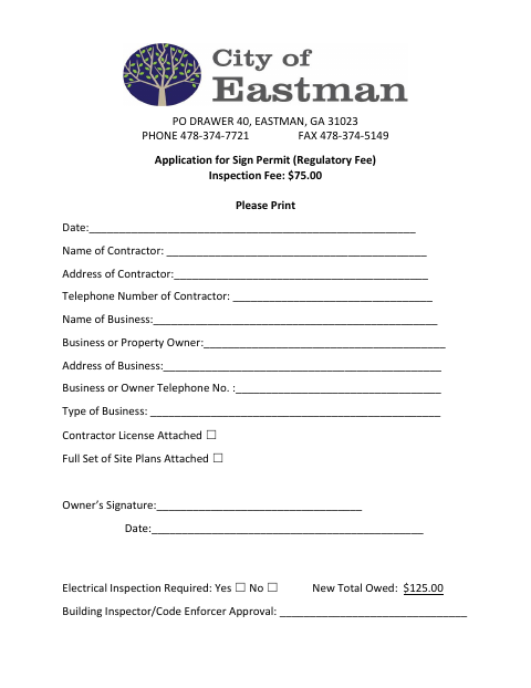 First page of the Application for Sign Permit (Regulatory Fee)