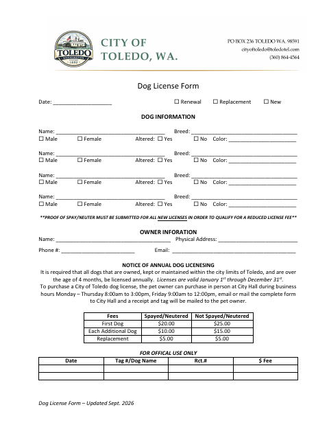 First page of the Dog License Form