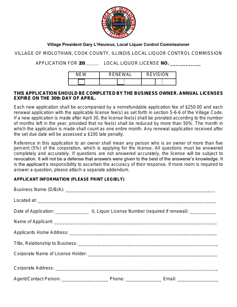 First page of the Local Liquor License Application
