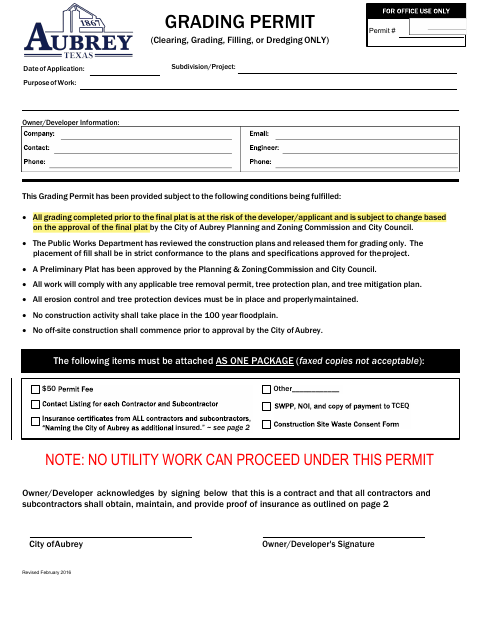 First page of the Grading Permit Application