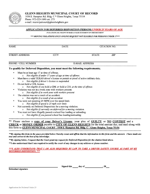 First page of the Deferred Disposition Plea Form Under 25
