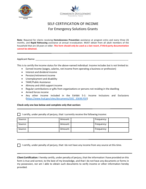 First page of the Self-Certification of Income