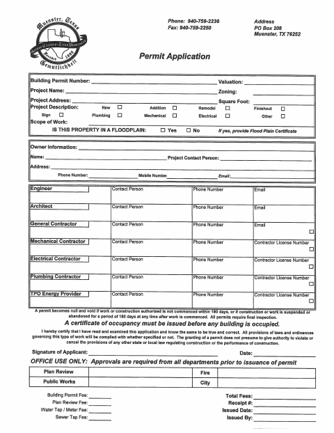 First page of the Building Permit Application