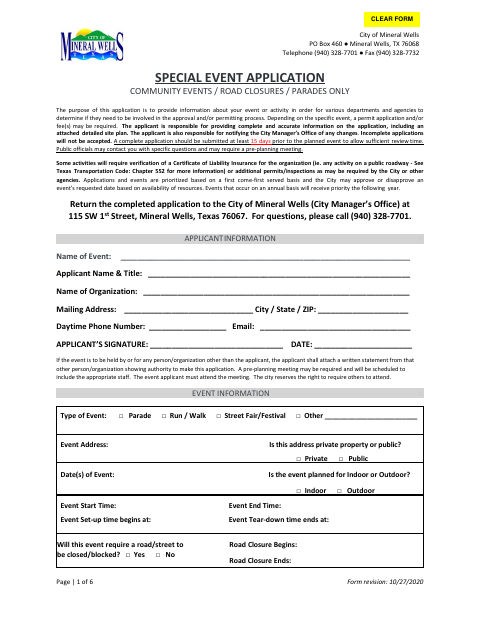 First page of the Special Event Application