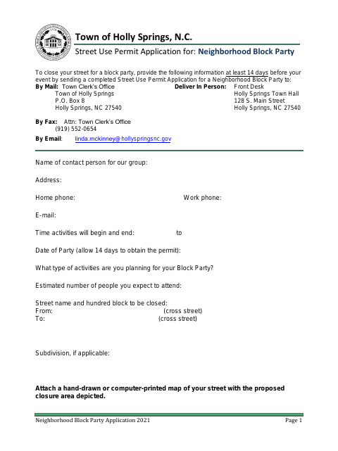 First page of the Street Use Permit Application for a Neighborhood Block Party