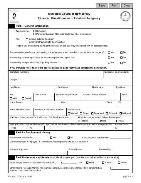 First page of the Financial Questionnaire to Establish Indigency