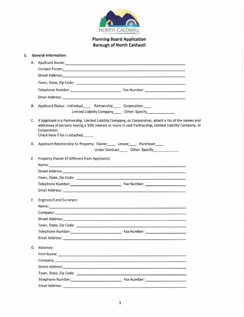 First page of the Planning Board Application
