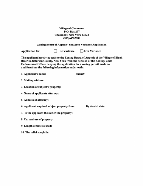 First page of the ZBA Use/Area Variance Application