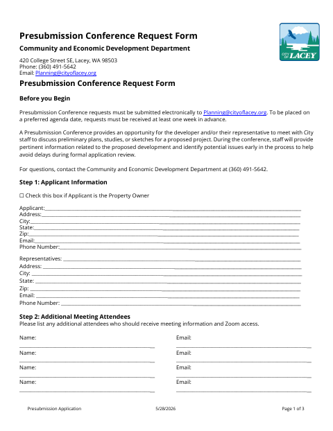 First page of the Presubmission Conference Request Form