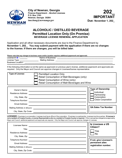 First page of the Alcohol Permitted Location Beverage License Renewal Application