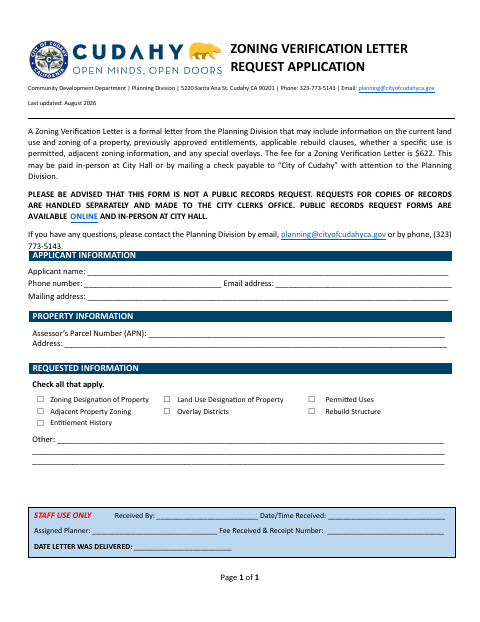 First page of the Zoning Verification Letter Request Application