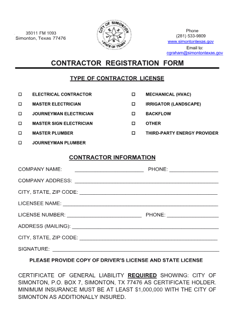 First page of the 2025 Contractor Registration Form