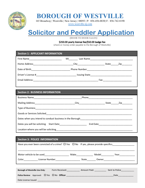 First page of the Solicitor and Peddler Application
