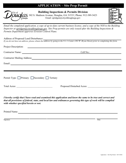 First page of the Site Prep Permit Application