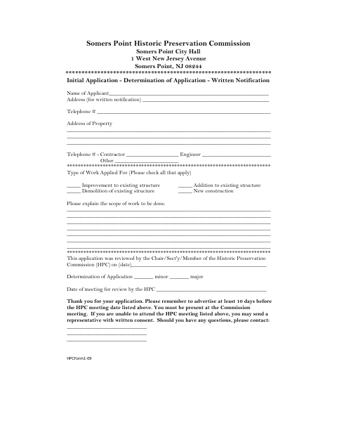 First page of the Historic Preservation Commission Initial Application