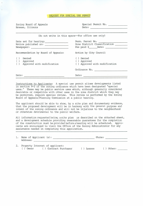 First page of the Request for Special Use Permit