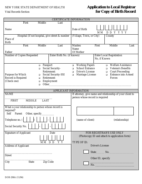 First page of the Application to Local Registrar for Copy of Birth Record