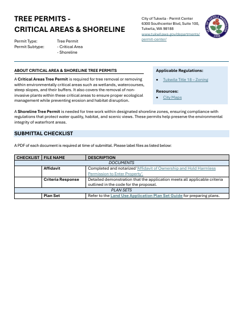 First page of the Tree Permits – Critical Areas & Shoreline