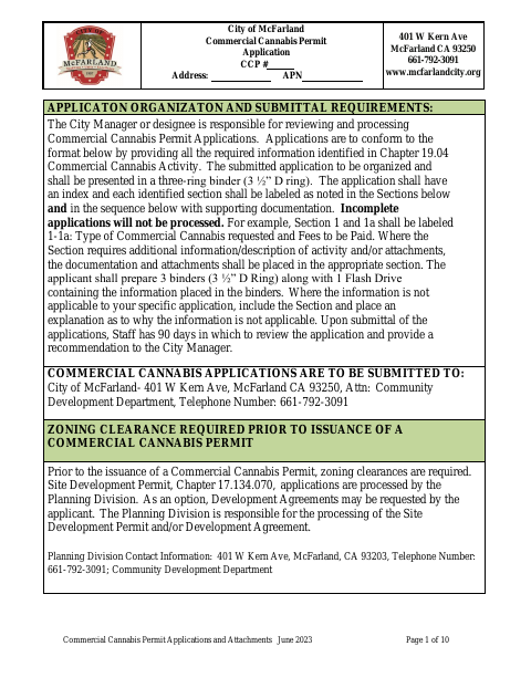 First page of the Commercial Cannabis Permit Application