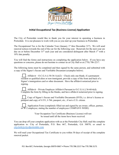 First page of the Initial Occupational Tax (Business License) Application