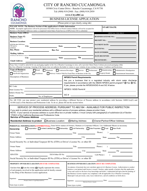 First page of the Business License Application