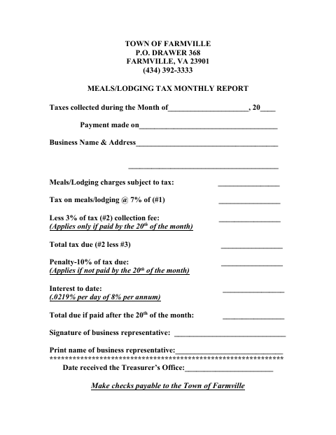 First page of the Meals/Lodging Tax Monthly Report