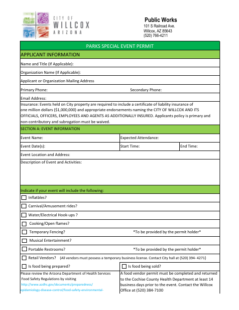 First page of the Parks Special Event Permit Agreement and Acknowledgement