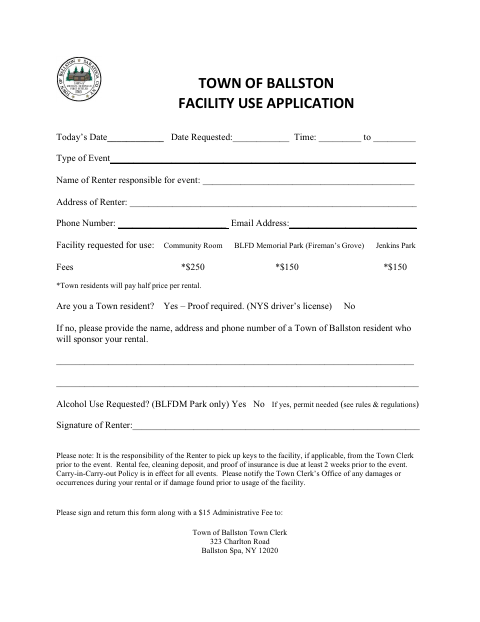 First page of the Facility Use Application