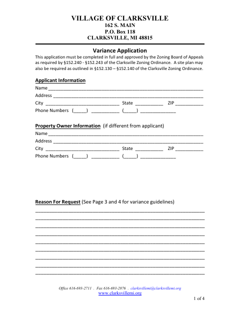 First page of the Variance Application