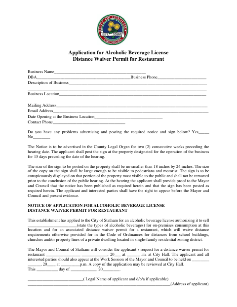 First page of the Distance Waiver Permit for Restaurant