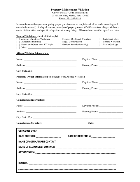 First page of the Property Maintenance Violation Complaint