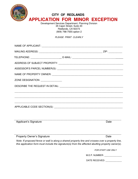 First page of the Minor Exception Application