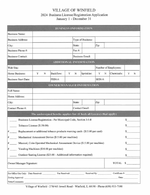 First page of the Business License and Registration Application