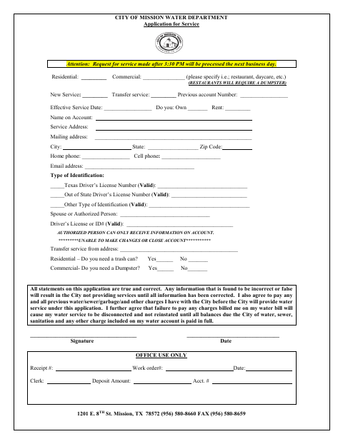 First page of the Water Service Application
