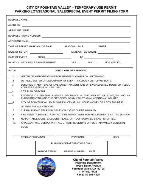 First page of the Temporary Use Permit Parking Lot, Seasonal Sale, or Special Event Filing Form