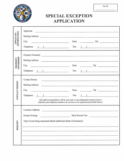 First page of the Special Exception Application